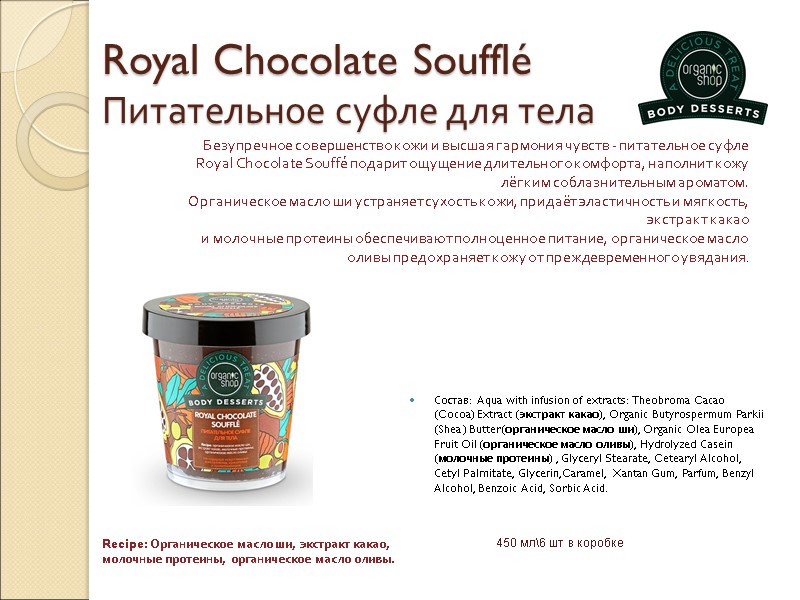 Royal Chocolate Soufflé  Питательное суфле для тела Состав: Aqua with infusion of extracts: